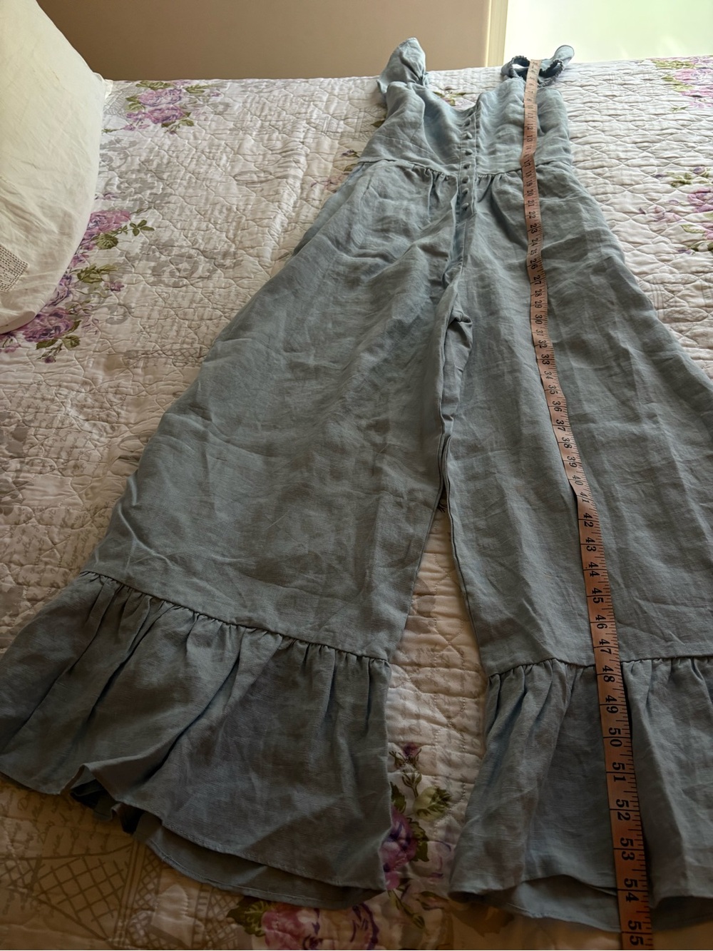 NWT Olivaceous Light Blue Linen Blend Flutter Sleeve Ruffle Hem Jumpsuit Medium - Picture 12 of 14